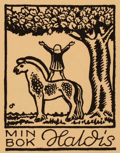 Exlibris by Brit Jærn from Norway for Haldis Graff Wang - Child Horse Tree 