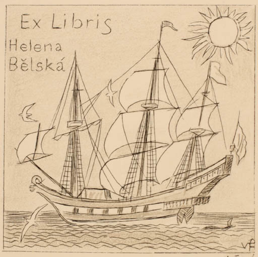 Exlibris by Vaclav Fiala from Czech Republic for Helena Belska - Maritime Ship/Boat 