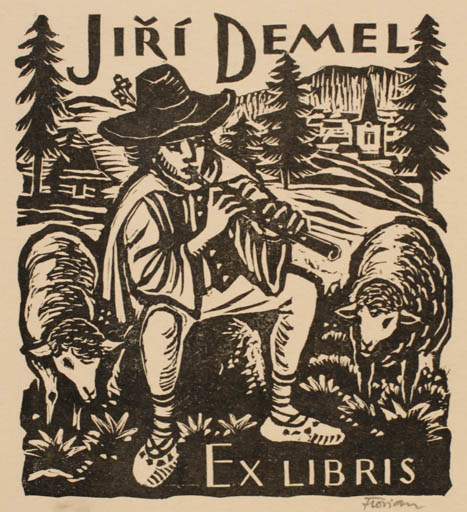 Exlibris by Michal Florian from Czech Republic for Jiri Demel - Fauna Scenery/Landscape Man Music 