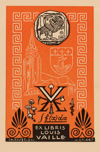 Exlibris by Charles Favet from France for Louis Vaille - Church Owl 