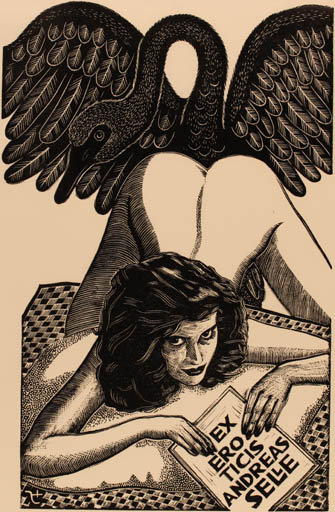 Exlibris by Jerzy Druzrycki from Poland for Andreas Selle - Erotica Ex Erotica Leda and the Swan 