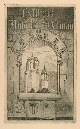 Exlibris by Alexandre de Riquer from Spain for Antonio Dalmau - Castle/Palace Church 