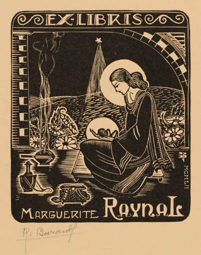 Exlibris by Rene Barande from France for Marguerite Raynal - Madonna Religion 