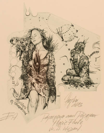 Exlibris by Günter Hujber from Czech Republic for R. Vraspirova - Woman Music Theater/Cirkus 