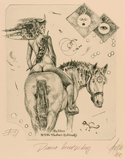 Exlibris by Günter Hujber from Czech Republic for Vladimir Koblovsky - Horse Woman Mythology 