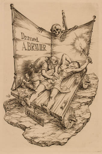 Exlibris by Ottohans Beier from Germany for Dr. Arthur Bräuer - Death Woman Medicine 