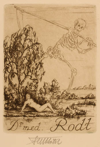 Exlibris by Fritz Bötel from Germany for Dr. med. Rodt - Death Woman 