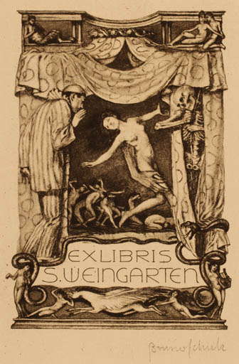 Exlibris by Bruno Schulz from Poland for S Weingarten - Dancing Death Woman 