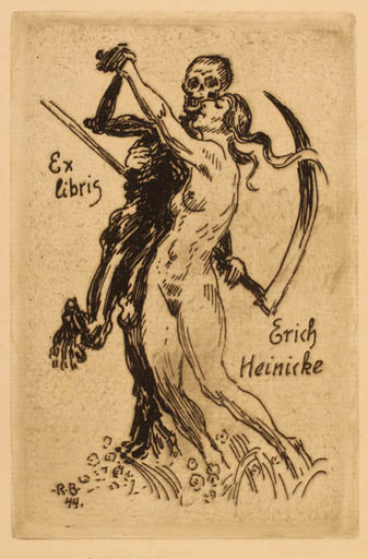 Exlibris by Robert Budzinski from Germany for Erich Heinicke - Dancing Death Woman 