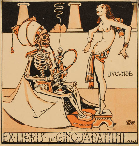 Exlibris by Sergio Burzi from Italy for Gino Sabattini - Dancing Death Woman Oriental 