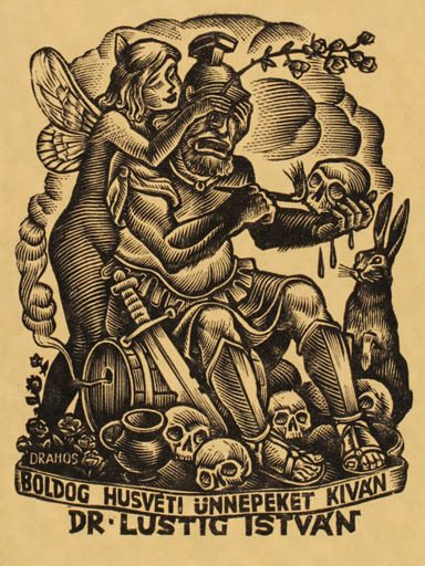 Exlibris by Istvàn Drahos from Hungary for Dr. Istvan Lustig - Classical antiquity Death Woman Man 