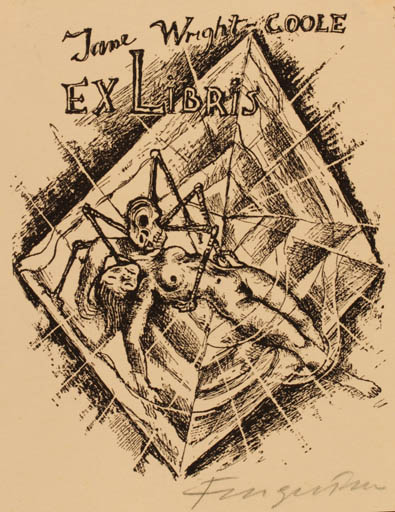 Exlibris by Michael Fingesten from Germany for Jane Wright-Coole - Death Woman 