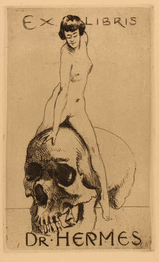 Exlibris by Georg Oskar Erler from Germany for Dr. Hermes - Death Woman Nude 