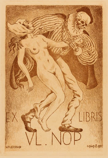 Exlibris by Viteslav Fleissig from Czech Republic for Vladim Nop - Death Woman Nude 