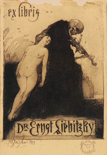 Exlibris by Horatio Gaigher from Italy for Dr. Ernst Liebitzky - Death Jugend Woman 