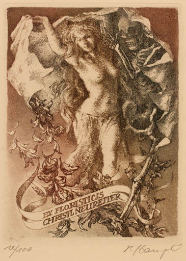 Exlibris by Petr Hampl from Czech Republic for Christl Neureiter - Death Woman Nude 