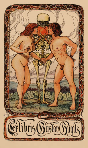 Exlibris by Franz Hirmann from Germany for Gustav Gugitz - Death Jugend Nude Couple 