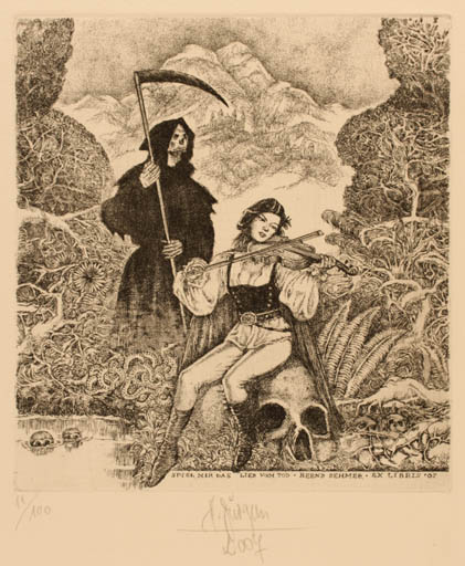 Exlibris by Harry Jürgens from Germany for Bernd Dehmer - Death Woman Music 