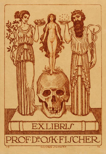 Exlibris by Georg Jilovsky from Czech Republic for Prof. Dr. Osk Fischer - Classical antiquity Book Death Jugend Woman Nude Couple 