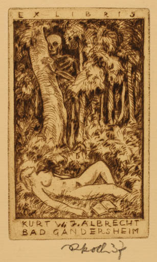 Exlibris by Rudolf Koch from Germany for Kurt W. J. Albrecht - Death Woman Nude Forest 