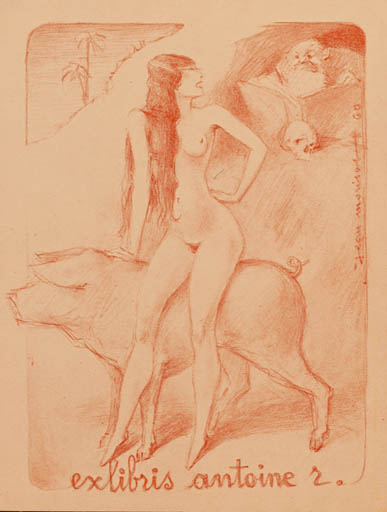 Exlibris by Jean Morisot from France for Antoine ? - Death Fauna Woman 