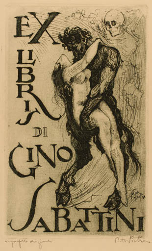 Exlibris by Pietro Pietra from Italy for Gino Sabattini - Death Fable Animal Woman 