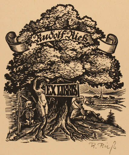 Exlibris by Rudolf Riess from Germany for Rudolf Riess - Death Woman Tree 