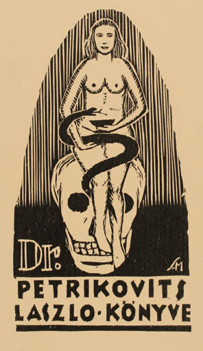 Exlibris by Svend Aage Mollerup from Denmark for Dr. Laszlo Petrikovits - Death Woman Medicine 