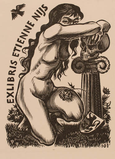 Exlibris by Frank-Ivo van Damme from Belgium for Etienne Nijs - Death Woman Nude 