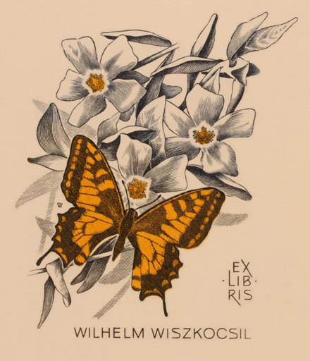 Exlibris by Werner Pfeiler from Austria for W Wiszkocsil - Flower Butterfly 