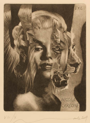 Exlibris by Ivo Mosele from Italy for Nicola Carlone - Fauna Woman Portrait 