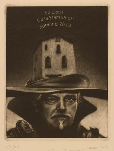 Exlibris by Ivo Mosele from Italy for Casa Stampatori Soncino - Man Portrait Surrealism 