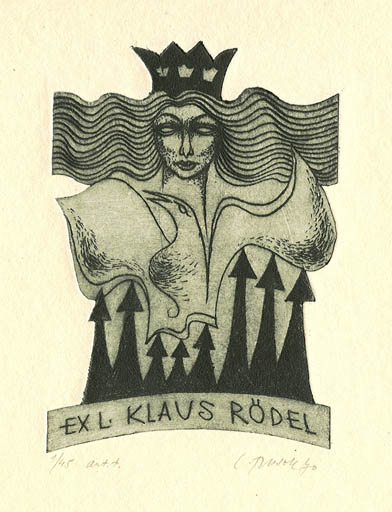 Exlibris by Ladislav Rusek from Czechoslovakia for Klaus Rödel - Bird Woman Portrait 