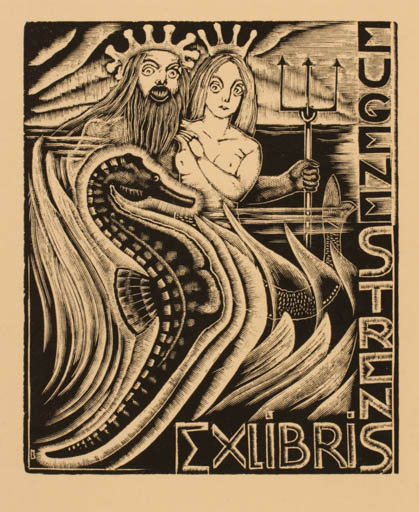 Exlibris by Stefan Mrozewski from Poland for Eugene Strens - Maritime Mythology Couple 