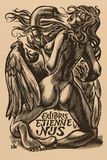 Exlibris by Frank-Ivo van Damme from Belgium for Etienne Nus - Leda and the Swan Mythology 