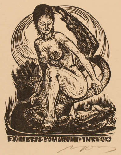 Exlibris by Laszlo Lazar Nagy from Hungary for Komaromi Imre - Leda and the Swan Mythology 