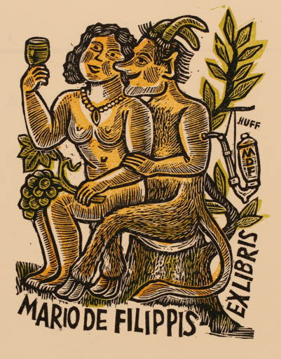 Exlibris by Hermann Huffert from Germany for Mario de Filippis - Mythology Pan/Faun Wine 