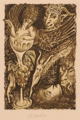 Exlibris by Bohumil Kratky from Czechoslovakia for Klaus Rödel - Mythology Pan/Faun Wine 