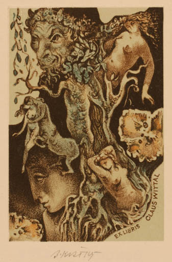 Exlibris by Bohumil Kratky from Czechoslovakia for Claus Wittal - Mythology Pan/Faun 