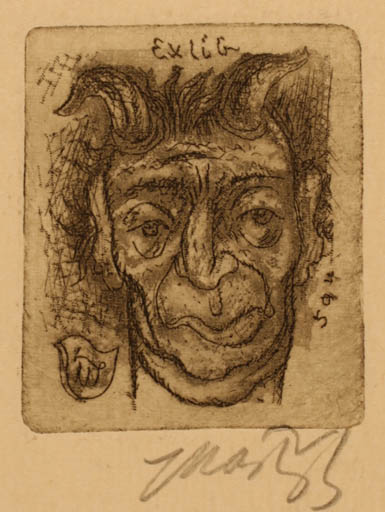 Exlibris by Jaroslav Marik from Czechoslovakia for Jaroslav Marik - Mythology Pan/Faun Portrait 