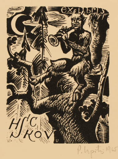 Exlibris by Peteris Upitis from Latvia for Henry Carlo Skov - Mythology Pan/Faun 