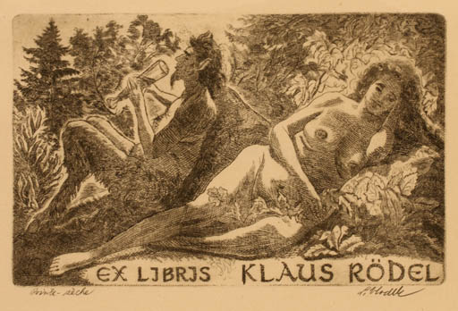 Exlibris by Ladislav Vlodek from Czechoslovakia for Klaus Rödel - Woman Mythology Pan/Faun 