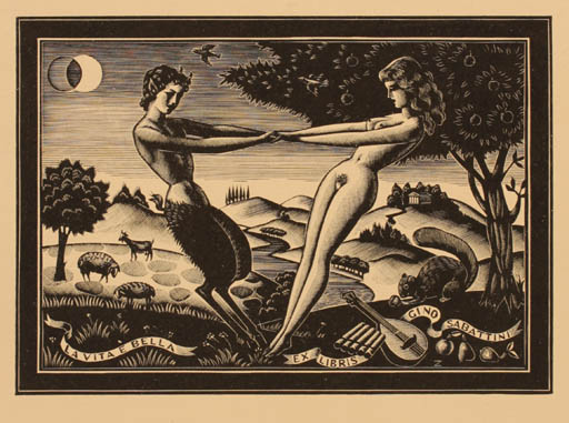 Exlibris by Italo Zetti from Italy for Gino Sabattini - Mythology Pan/Faun 