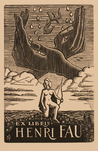 Exlibris by Daniel Meyer from France for Henri Fau - Hand(s) Surrealism 