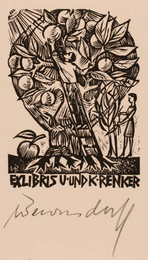 Exlibris by Ullrich Bewersdorff from Germany for U. und K. Renker - Fruit Couple 