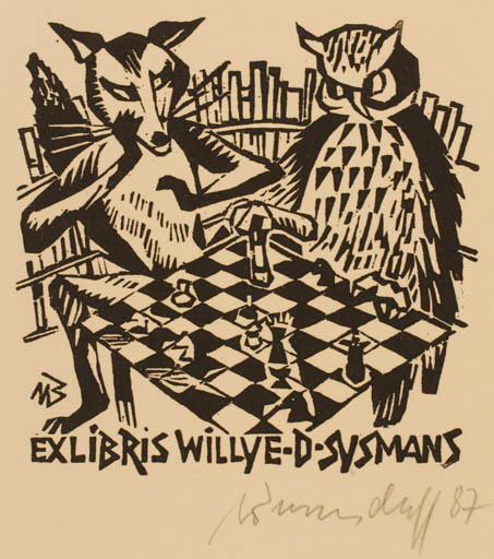 Exlibris by Ullrich Bewersdorff from Germany for Willy E.D. Sysmans - Fauna Sport/game Owl 