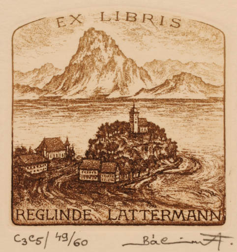 Exlibris by Ferenc Balint from Hungary for Reglinde Lattermann - Mountain Scenery/Landscape 