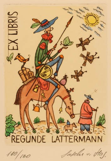 Exlibris by Sascha Hagemeister from Russia for Reglinde Lattermann - Don Quijote Horse Mill Knight Sun 