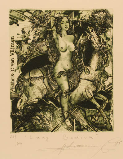 Exlibris by Sergiy Ivanov from Ukraine for Cor van Vlijmen - Horse Woman Horseman/Rider 