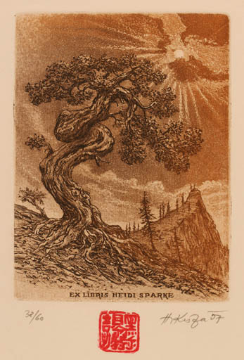 Exlibris by Herbert Kisza from Czech Republic for Heidi & Horst Sparke - Scenery/Landscape Sun Tree 